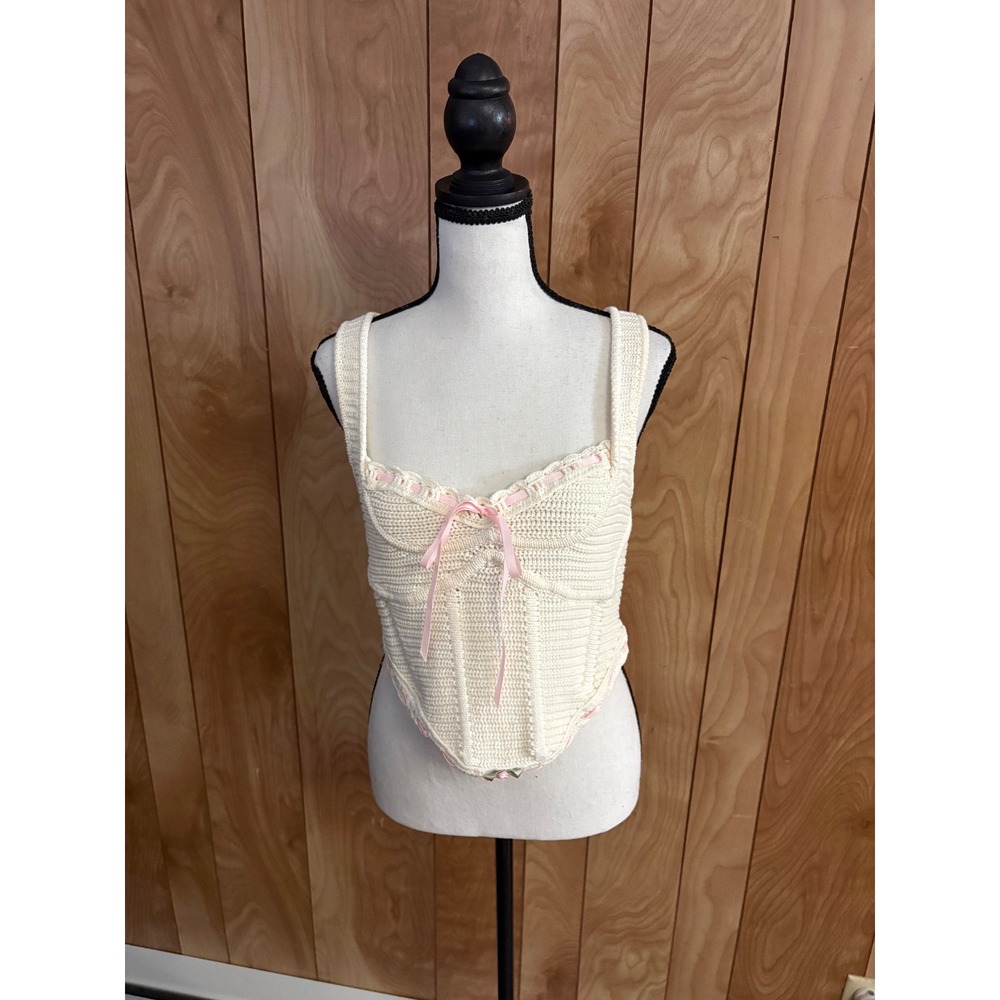 For Love & Lemons Ivory Crochet Knit Corset Top Pink Ribbon Trim Womens Medium